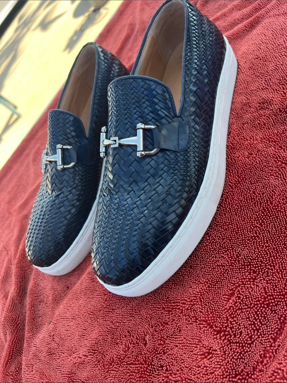 Men's Boardwalk Woven Calfskin Leather Bit Buckle Slip On Sneakers 8 Men’s